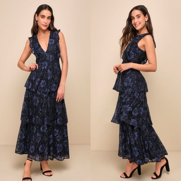 Lulus Dresses & Skirts - Lulus Molinetto Navy Blue Lace Ruffled Tiered Sleeveless Maxi Dress